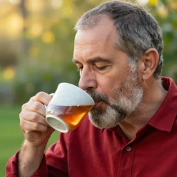 mr robert is drinking fresh tea in a garden from spiral mug, detailed calm face, grey short beard, golden hour, red elegant shirt