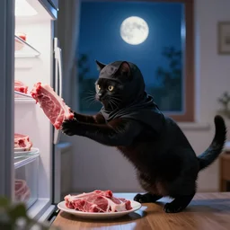 ninja cat stealing meat from the fridge at night in the moonlight coming from the window