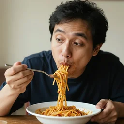 portrait photo of man eating spaghetti from a bowl using a fork, lazy eyes, slurping spaghetti, sauce splatters, dirty chin, full frame, finely detailed 5 0 mm nikon photo