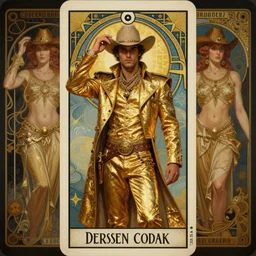 a dramatic ethereal epic symmetrical painting of a handsome cowboy in a shimmering!! gold outfit | tarot card, art deco, art nouveau, (steampunk), homoerotic, realistic | by Dresden Codak, by Mark Maggiori and ((((Alphonse Mucha))) | trending on artstation