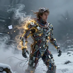 streams of smoke and snow swirl around a man wearing clothes made of wires and computer chips, swirling flashes of gold and silver light, wind - blown sheets, cinematic lighting, fantasy painting