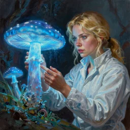 A mixed media portrait painting of a beautiful blonde biologist woman, biohazard suit, examining a giant blue glowing mushroom in a mire, detailed Aesthetic! face and eyes, slavic, by Beeple, Frank Frazetta, Greg Rutkowski, Christian MacNevin, Boris Vallejo, epic fantasy character art, high fantasy, CGsociety, exquisite detail, post-processing, masterpiece, cinematic