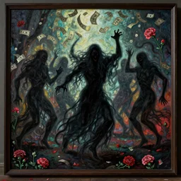 scary, terrifying, evil shadow people dancing by gustave dore. money falling from sky, back glass painting, carnation, encaustic painting, b - roll, establishing shot, dappled light, crime scene photography, 8 k, vray, unreal engine, blender cycles, colorful