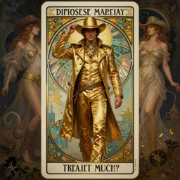 a dramatic ethereal epic symmetrical painting of a handsome! cowboy in a gold outfit | tarot card, art deco, art nouveau,  (steampunk), homoerotic, realistic | by Dresden Codak, by Mark Maggiori and ((((Alphonse Mucha))) | trending on artstation
