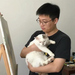 man holding a cat and painting a painting of himself