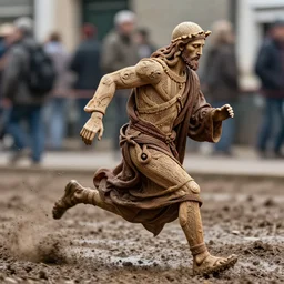 street photography by saul leiter, award winning photo of an ultra detailed intricate jesus christ as a monk monk monk running very fast in mud, fast shutter speed, motion blur, tiny gaussian blur, highly detailed, highly intricate, depth of field, trending on top gear