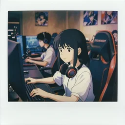 a film still polaroid portrait of a young gamersgirl at a gaming pc, detailed features, perfect art, busy room, hd, gapmoe yandere, trending on pixiv fanbox, focussed painted by ilya kushinov makoto shinkai takashi takeuchi studio ghibli, akihiko yoshida, sachin teng, huang guangjian, artstation