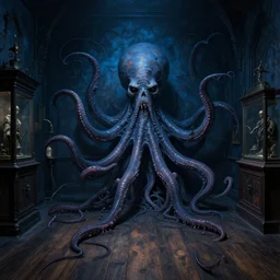 gothic archeologic museum, wooden floor, darkness, evil, creepy, science, 1 9 century, hard atmosphere, lovercraft, insmouth, tentacles, artwork, paint, blue tones, detailed, by bastien lecouffe deharme, by jeremy mann, by alexander fedosav