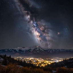 a beautiful double exposure of a deep field astrophotography image by hubble in the sky, and a night time landscape with towering mountains above a city, snow, lpoty, award winning, apod, low noise, detailed, sharp, elevated point of view