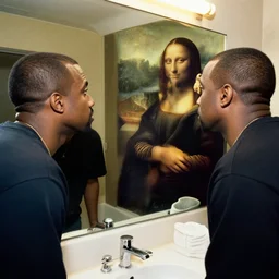 ultra wide angle photo of kanye west is looking at himself in a bathroom mirror and seeing his reflection as a mythological giant in the style of da vinci painting