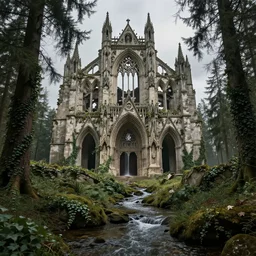 ruins of a destroyed gothic cathedral, surrounded by fir trees, ivy, stream, lord of the rings scenery landscape, inside an enormous overgrown cathedral, waterfall, reflections, highly detailed, cinematic lighting, perfect composition, 4 k, gustave dore, derek zabrocki, greg rutkowski, belsinski, octane render