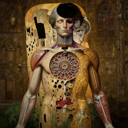 dissected human upper body morphs into gothic cathedral with rose window in the chest, church organ in the throat, dome in the head, anatomically correct medical photography, moody, highly detailed digital painting, artstation, rule of thirds, sharp focus, art by h. r. giger and ernst haeckel, alphonse mucha, gustav klimt,