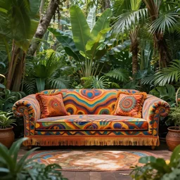 psychedelic trippy couch in jungle, garden, hippy art, wavy, 7 0 s vibes