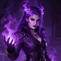 portrait of a mix between necromancer and pyromancer, female, purple fire and decadence, leather coat, high fantasy, dnd, face details, extremely detailed, smooth, sharp focus, digital illustration, by artgem, rossdraws, sakimichan