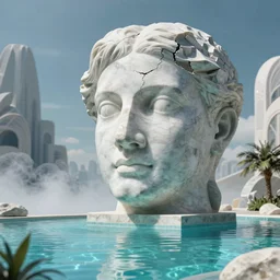 peter tarka, minimalistic, broken giant marble head statue ruins, hyperrealistic surrealism, award winning masterpiece with incredible details, epic stunning, infinity pool, a surreal vaporwave liminal space, highly detailed, trending on ArtStation, artgerm and greg rutkowski and alphonse mucha, daily deviation, IAMAG