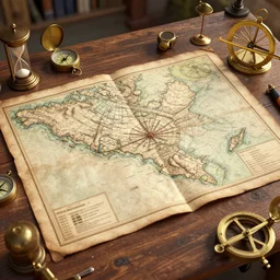 old map on a table surrounded by small aparatus, compass, hourglass, sextant, daylight, hyperdetailed, sharp, artstation, 3 d render, ray tracing