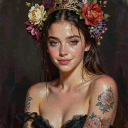 expressive oil painting, of young emilia clarke, seductive look, smirk, smooth glowing skin, glistening body, love,, sweat, tattoos, ornate headpiece made flowers, glamour shot, by yoshitaka amano, by greg rutkowski, by jeremyg lipkinng, by artgerm, digital art, octane render, grunge aesthetic