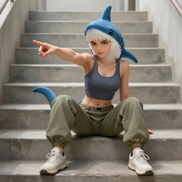 female anthropomorphic shark fursona, athletic, sitting on concrete stairs, wearing a tank top and cargo pants, looking forward, realistic painting, furry art, trending on art station, pointing forward