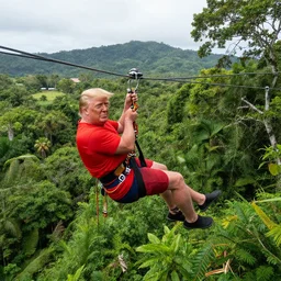 ultra wide angle of donald trump zip lining in costa rica, hyperreal, national geographic - c 6. 2 5