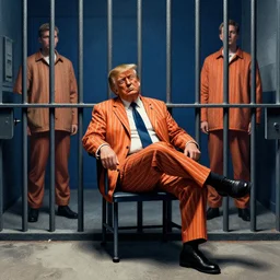 trump in prison, sitting in a chair. striped outfit, mads berg, karolis strautniekas, stippled light, dramatic lighting, fine texutre, editorial illustration, matte print, prison cell bars, realism, film noir, dark blue + dark orange + orange + beige + black + white, dynamic composition, moody, dynamic pose