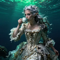 A 18th century, messy, silver haired, (((mad))) elf princess (Kate Winslet), dressed in a ((ragged)), wedding dress, is ((drinking a cup of tea)). Everything is underwater and floating. Greenish blue tones, theatrical, (((underwater lights))), high contrasts,  fantasyconcept art, inspired by John Everett Millais's Ophelia