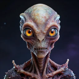 portrait of a space alien, varying detailed skin, meat monstrosity, radioactive eyes, eyes containing big iris, bones piercing, dragon scales, realistic render, detailed, slimy unreal engine, symmetrical!!, cosmic colors, photorealistic, greg rutkowski and ruan jia, octane render,