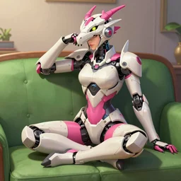 highly detailed exquisite fanart, of a beautiful female warframe, but as an anthropomorphic robot dragon, sitting on a soft green sofa, with robot dragon head, doing an elegant pose, off - white plated armor, bright fuchsia skin, full body shot, epic cinematic shot, realistic, professional digital art, high end digital art, deviantart, artstation, furaffinity, 8