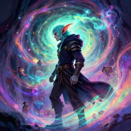 side profile, male half - human half - goblin rogue, gloomhaven, luminescent, colorful swirly magic ripples, dreamy colors, by greg manchess, huang guangjian, gil elvgren, sachin teng, greg rutkowski, jesper ejsing, ilya kuvshinov