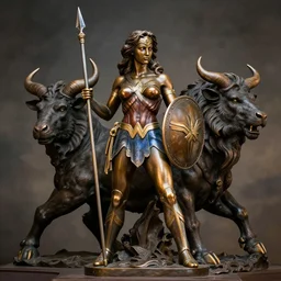 a beautiful bronze statue of wonder woman, holding her spear and shield versus the minotaur, photorealistic, atmospheric