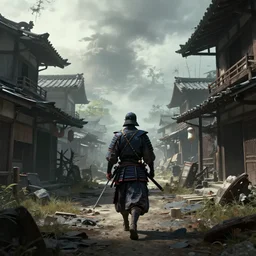 Futuristic matte painting of a samurai warrior walking through an abandoned japanese village, volumetric light scattering, highly detailed, digital art, Andreas Rocha, Greg Rutkowski, Darek Zabrocki, ArtStation, CGSociety, Unreal Engine, 4K, 8K