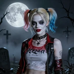 goth gothic portrait of emma stone as harley quinn, graveyard, full moon, mist, hyper detailed, digital art, cinematic lighting, studio quality, smooth render, unreal engine 5, octane rendered, art style by klimt and nixeu and ian sprigger and krenz cushart.
