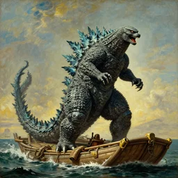 godzilla attacking the raft of the medusa, painting by lawrance alma - tadema, 4 k, hyper - realistic, highly detailed