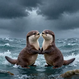 A pair of adorable otters falling in love holding hands in a huge storm at sea, fantasy illustration, cinematic, dreamlike, Award winning, romance, detailed trending on art station masterpiece