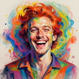 a portrait of a laughing man with ginger hair, by ross tran, psychedelic, rainbow, swirling splattered colors, otherworldly, abstract, cubism