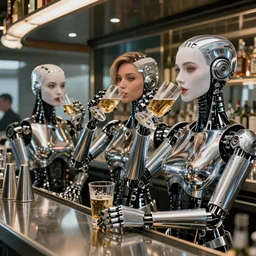 female robots drinking alcohol, inside a glass bar, chrome reflections, hyper-realistic, extreme detail, sharp photo, beautiful, cinematic 4K, trending on artstation by Sorayama
