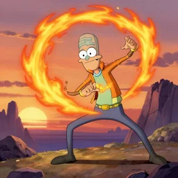 squidward firebending outside at susnset, art by moebius, ultra detailed