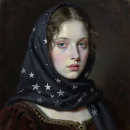 hyperrealism oil painting, complete darkness background, soft light, close - up portrait, medieval fashion model, very pale skin, scarf with stars, in style of classicism mixed with 8 0 s japanese sci - fi books art