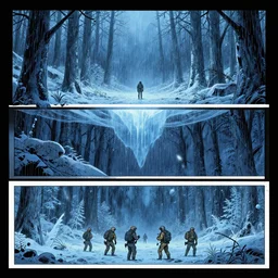 no border 3 panel graphic novel layout frozen rain forests cryogenic tears of hyperspace loneliness futuristic small unit tactics behind enemy lines littoral combat photorealistic graphic novel layout by michael komarck, greg rutkowski, victo ngai, artgerm, willem claesz heda and j. dickenson roger deakins john seale syd mead