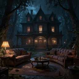 hyper realist matte digital painting of a the living room of a haunted house in the forest at night, fantasy art, photo realistic, dynamic lighting, artstation, volumetric lighting