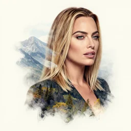 tattoo design sketch double exposure of margot robbie with beautiful mountain scenery mash up, in the style of arlo dicristina, surrealist, amazing detail, sharp