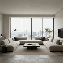 brutalist open living room, big windows, showing city landscape on background, minimalist architecture, minimalist furniture, octane render, high quality, 8 k, post production