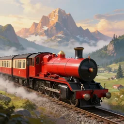 landscape flying scotsman red train ariel view majestic sunrise, deep focus, d & d, fantasy, intricate, elegant, highly detailed, digital painting, artstation, concept art, matte, sharp focus, illustration, hearthstone, art by artgerm and alphonse mucha
