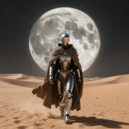 a cyborg dressed in a large cloak walking through a dangerous desert, guardian of the moon, close up, in the center, centered, epic, intrincate volumetric, by moebius, jean giraud & kilian eng moebius style