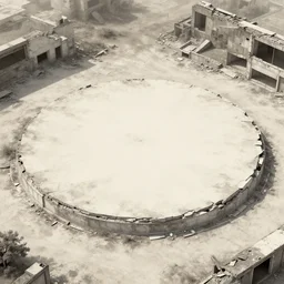 a circular platform with broken edges, urban ruins, god's realm, off - white tones, 4 k
