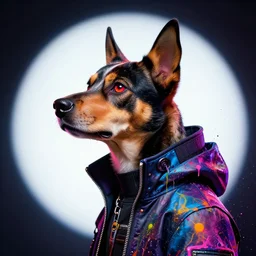 jake the dog as cyberpunk hacker, side portrait, striking, defiant, spotlight, paint drips, paint splatter, vibrant colors, beautiful eyes, futuristic clothing, by marco paludet and gianni strino and marion bolognesi