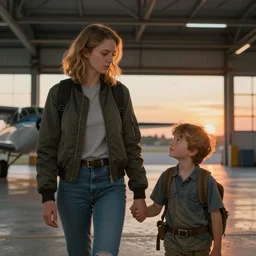 aviator girl in bomber jacket and adventurer boy holding hands in aircraft hangar sunset, photorealistic, 8k, ultrarealistic, textured, photography, painting by artgerm and greg rutkowski artstation