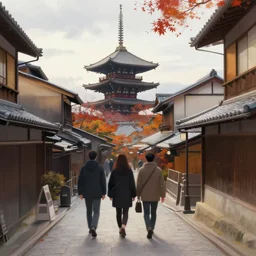 i walk in kyoto, japan. it is like taking a step back in time. volumetric lighting, autumn, morning, overcast weather, few clouds, realistic illustration, perfectly shaded, soft painting, art by krenz cushart and wenjun lin