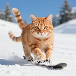 a fully orange tabby cat skiing