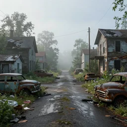 apocalyptic, ruined town, abandoned streets, littered, decrepit homes and sheds on the side of the road, slowly being reclaimed by nature. rusted vintage cars. fog, dew, rain, volumetric lighting, beautiful, summer morning dew, sharp focus, ultra detailed, cgsociety - w 1 0 2 4 - n 8 - i