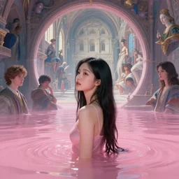 lee jin - eun emerging from pink water in cyberpunk theme looking at multiversal portal to renaissance italy, portal to renaissance era, by greg rutkowski, claude monet, conrad roset, takato yomamoto, james jean, rule of thirds, seductive look, beautiful